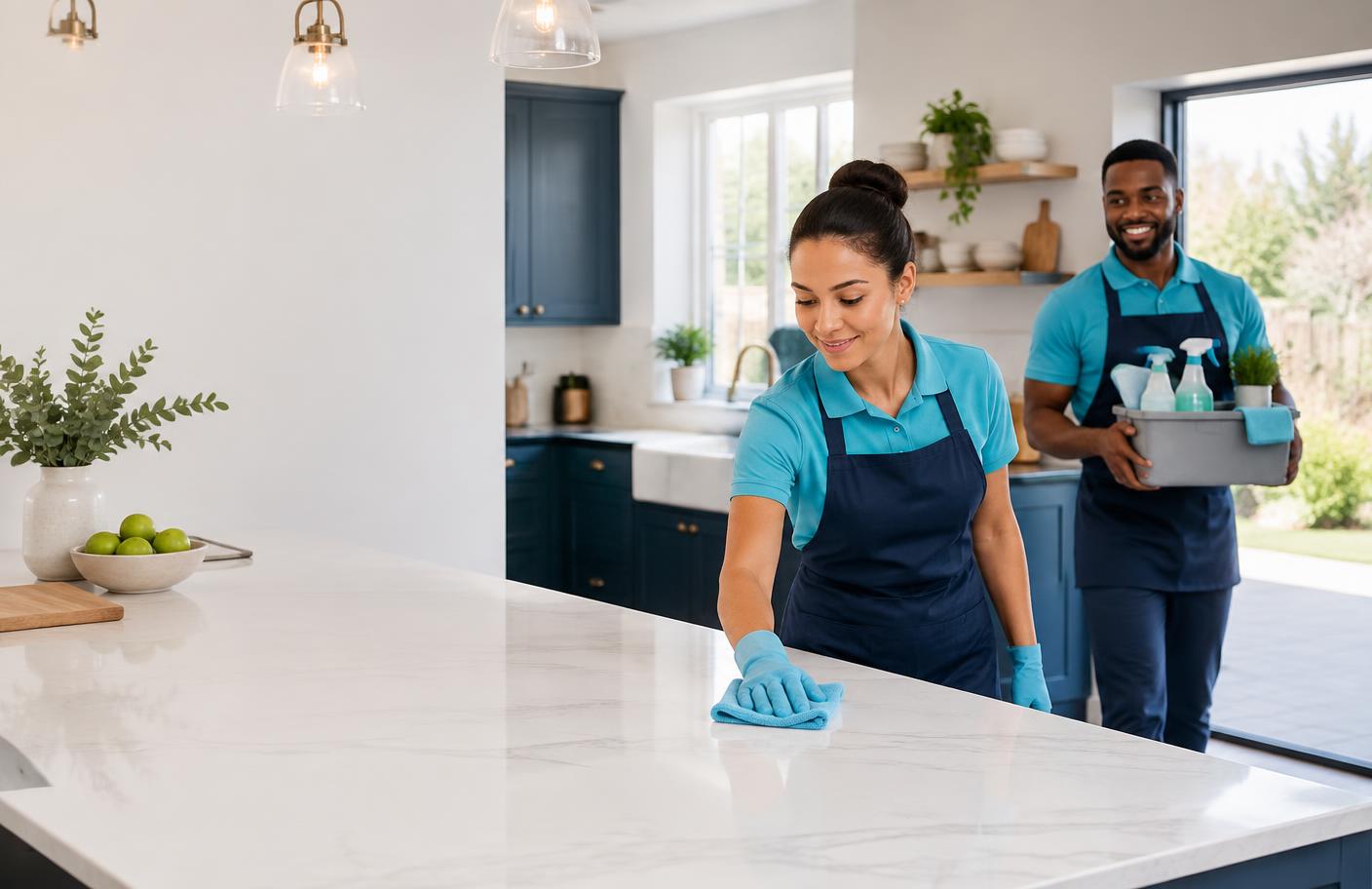 Professional domestic cleaning team working in a modern UK kitchen