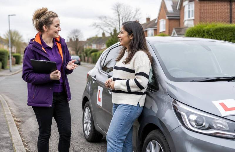 Driving instructor speaking with a learner beside a tuition car