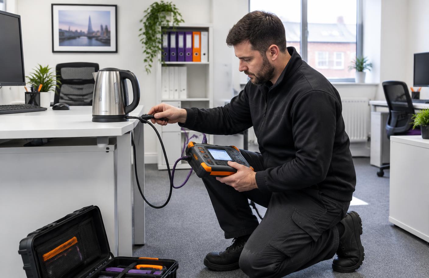 PAT testing engineer inspecting office equipment