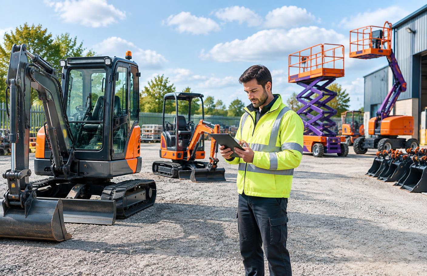 Plant hire yard with excavators and access equipment