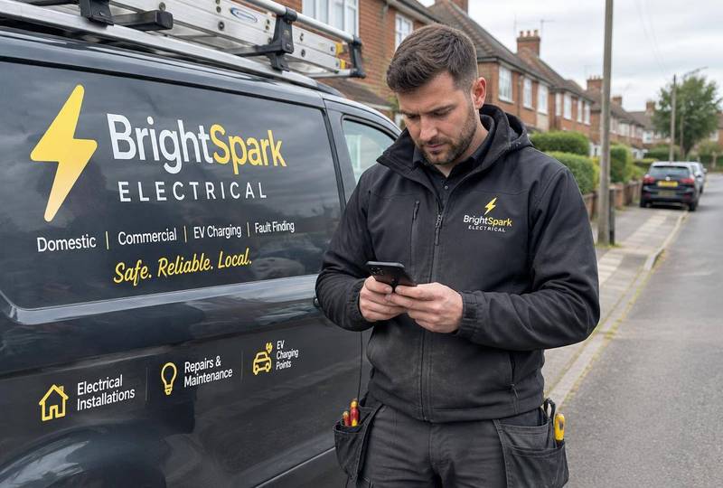 Electrician checking online job bookings beside his van